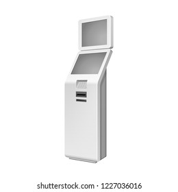 Outdoor White. Payment Terminal. ATM, POS, POI Advertising Stand On White Background. 3D Mock Up, Template. Illustration Isolated On White Background. Vector EPS10