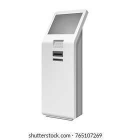 Outdoor White. Payment Terminal. ATM, POS, POI Advertising Stand On White Background. 3D Mock Up, Template. Illustration Isolated On White Background. Vector EPS10
