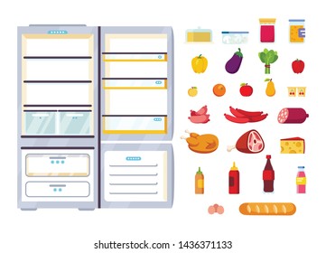 Outdoor white refrigerator with products, vegetables, fruits, meat and dairy products. Fridge with freezer. Flat style vector illustration isolated on white background.