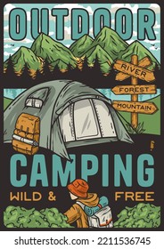 Outdoor wild camping, adventure poster with tent in mountains. Nature explore