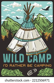 Outdoor wild camping, adventure poster with tent in mountains. Nature explore