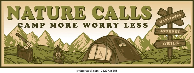 Outdoor wild camping, adventure poster with tent in mountains. Nature explore