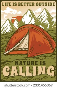 Outdoor wild camping, adventure poster with tent in mountains. Nature explore