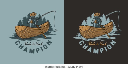 Outdoor wild camping and fishing print. Fisherman on boat. Mountains adventure. Wanderlust summer forest explore