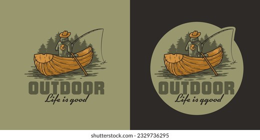 Outdoor wild camping and fishing print. Fisherman on boat. Mountains adventure. Wanderlust summer forest explore