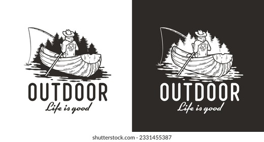 Outdoor wild camping and fishing print. Fisherman on boat. Mountains adventure. Wanderlust summer forest explore