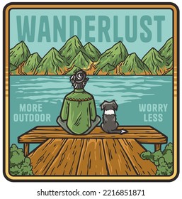 Outdoor wild camping print with Girl traveller and dog travel companion. Mountains adventure. Wanderlust summer forest explore