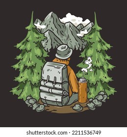 Outdoor wild camping print. Mountains adventure. Wanderlust summer forest explore