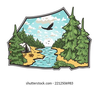 Outdoor wild camping print. Mountains adventure. Wanderlust summer forest explore