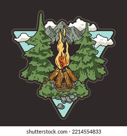 Outdoor wild camping print. Mountains adventure. Wanderlust summer forest explore