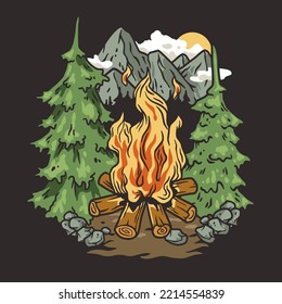 Outdoor wild camping print. Mountains adventure. Wanderlust summer forest explore