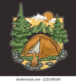Outdoor wild camping print. Mountains adventure. Wanderlust summer forest explore