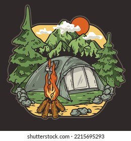 Outdoor wild camping print. Mountains adventure. Wanderlust summer forest explore