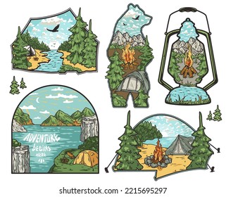 Outdoor wild camping print. Mountains adventure. Wanderlust summer forest explore