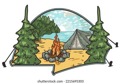 Outdoor wild camping print. Mountains adventure. Wanderlust summer forest explore