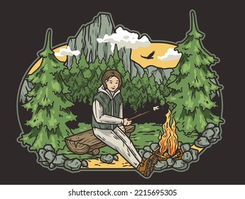 Outdoor wild camping print. Mountains adventure. Wanderlust summer forest explore