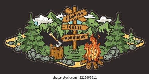 Outdoor wild camping print. Mountains adventure. Wanderlust summer forest explore