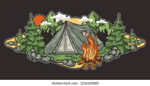 Outdoor wild camping print. Mountains adventure. Wanderlust summer forest explore