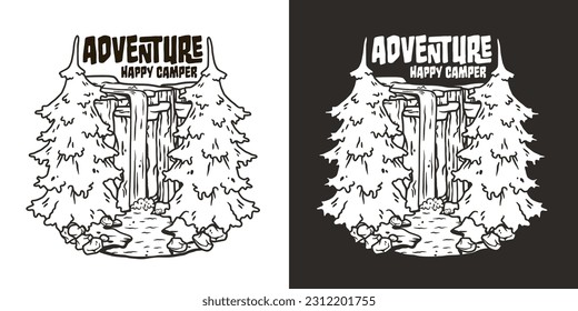 Outdoor wild camping print. Mountains adventure waterfall. Wanderlust summer forest explore