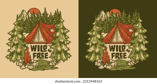 Outdoor wild camping print. Mountains adventure. Wanderlust summer forest explore