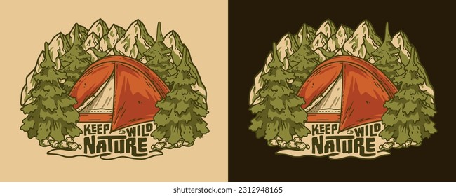 Outdoor wild camping print. Mountains adventure. Wanderlust summer forest explore