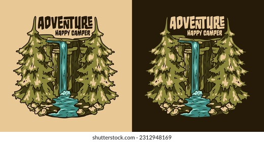 Outdoor wild camping print. Mountains adventure waterfall. Wanderlust summer forest explore