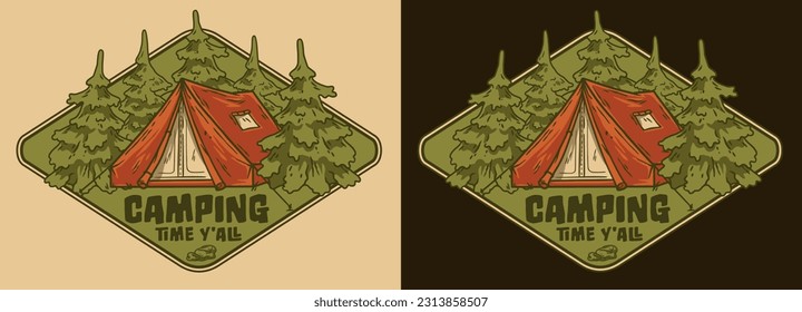Outdoor wild camping print. Mountains adventure. Wanderlust summer forest explore