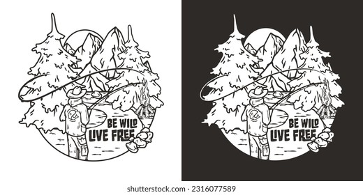 Outdoor wild camping print. Mountains adventure. Wanderlust summer forest explore