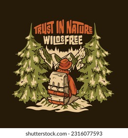 Outdoor wild camping print. Mountains adventure. Wanderlust summer forest explore