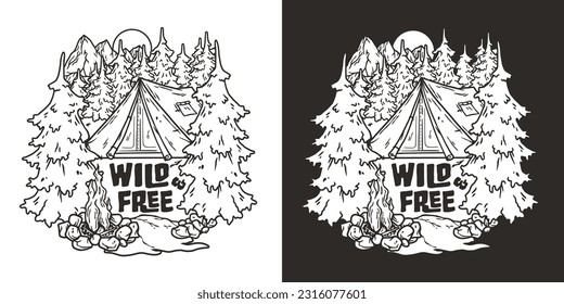 Outdoor wild camping print. Mountains adventure. Wanderlust summer forest explore
