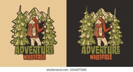 Outdoor wild camping print. Mountains adventure. Wanderlust summer forest explore