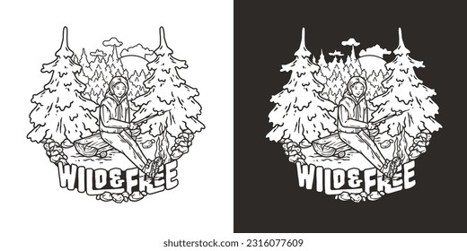 Outdoor wild camping print. Mountains adventure. Wanderlust summer forest explore