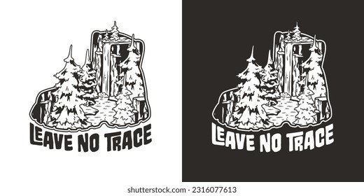 Outdoor wild camping print. Mountains adventure waterfall. Wanderlust summer forest explore