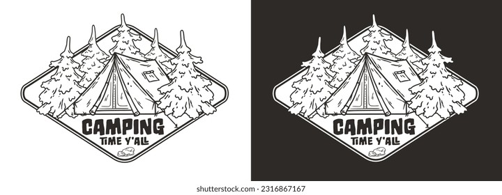 Outdoor wild camping print. Mountains adventure. Wanderlust summer forest explore