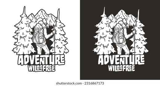 Outdoor wild camping print. Mountains adventure. Wanderlust summer forest explore