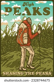 Outdoor wild camping print. Mountains adventure. Wanderlust summer forest explore