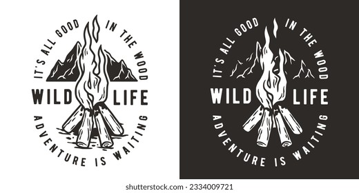 Outdoor wild camping print. Mountains adventure. Wanderlust summer forest explore