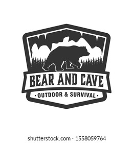 Outdoor wild cave bear logo, animal wildlife forest mountain, adventure camping logo badge emblem design.