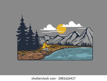 Outdoor wild fishing illustration drawing