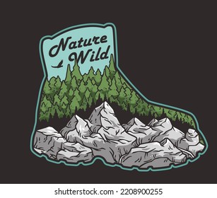 Outdoor wild nature print in the form of boot. Mountains adventure. Wanderlust summer forest explore