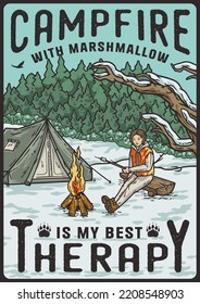 Outdoor wild winter camping sport in mountains with tent, nature explore and adventure poster.
