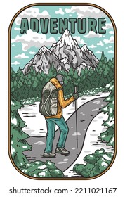 Outdoor wild winter sport in mountains and forest, nature explore and adventure poster.