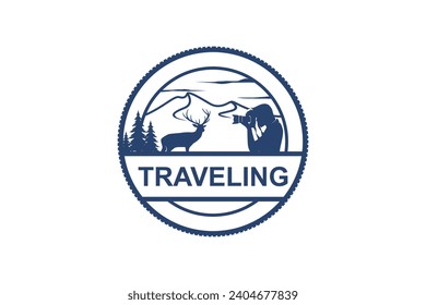 Outdoor wildlife photography logo vintage, silhouette of deer and photographer with mountain background.