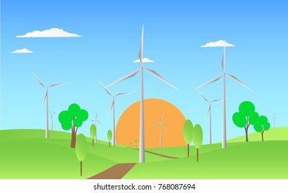 Outdoor wind turbines are spectacular under blue sky and white clouds