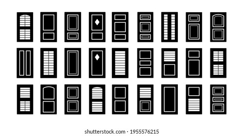 Outdoor window wooden shutters. Flat icon set. Old french window blinds for house and cottage. Exterior decorative elements. Isolated objects on white background