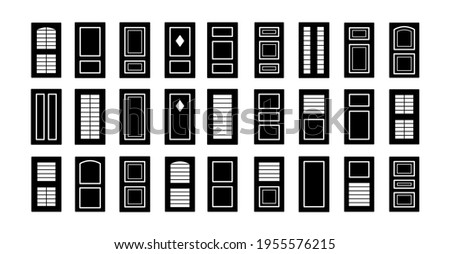 Outdoor window wooden shutters. Flat icon set. Old french window blinds for house and cottage. Exterior decorative elements. Isolated objects on white background
