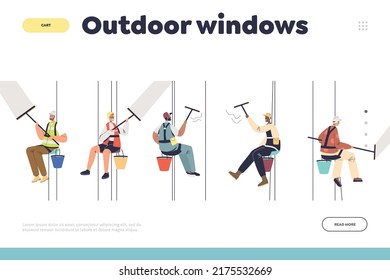 Outdoor Windows Concept Of Landing Page With Glass Cleaners Team Washing Skyscraper Glass. Window Washers On Ropes Clean Building Outside. Cleaning Service Workers. Cartoon Flat Vector Illustration