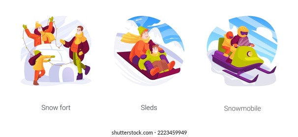 Outdoor winter activities isolated cartoon vector illustration set. Family building a snow fort, riding big sleds together, winter fun, snowmobile adventure, seasonal recreation vector cartoon.