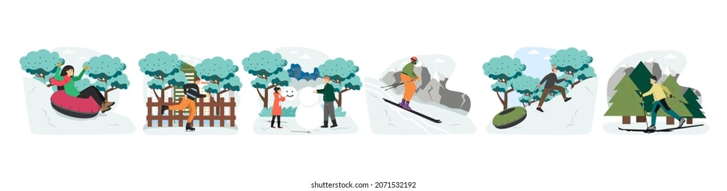 Outdoor winter activities scene set, vector illustration. Happy people skiing, sledding, making snowman, ice skating.