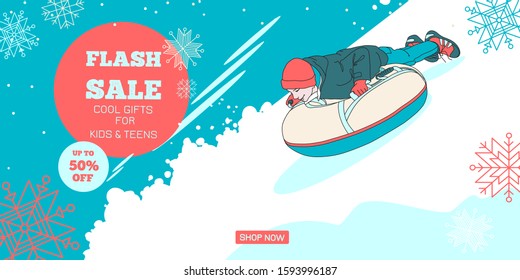 Outdoor winter activity horizontal flash sale discount banner illustrated with cheerful boy sliding down snow hill on tubing at park or resort. Inflatable rubber tube. Flat vector illustration.